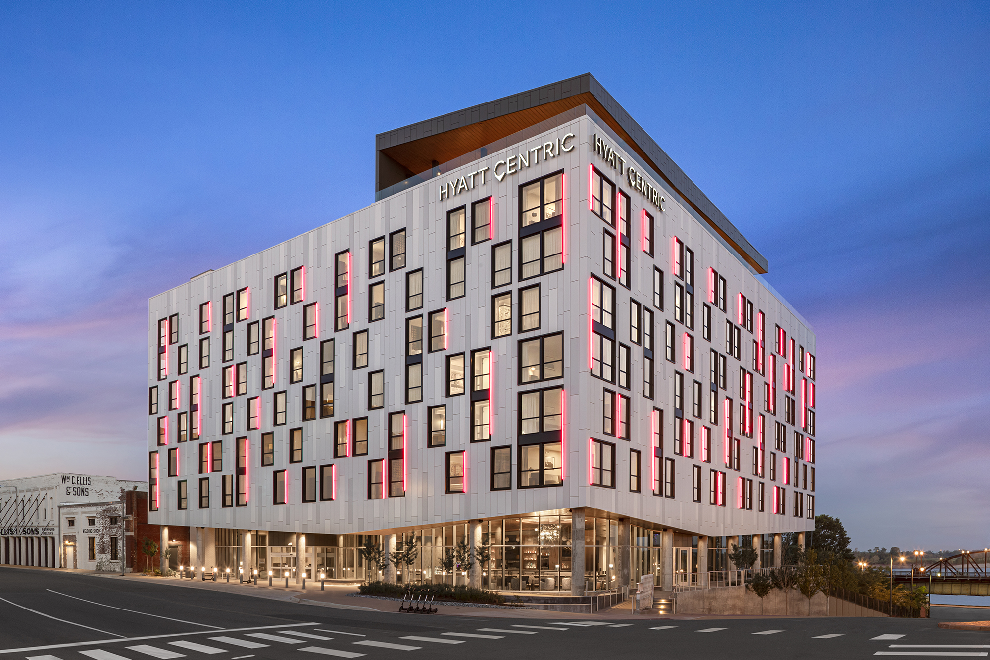 Exterior of Hyatt Centric Beale Street Memphis at dusk. 