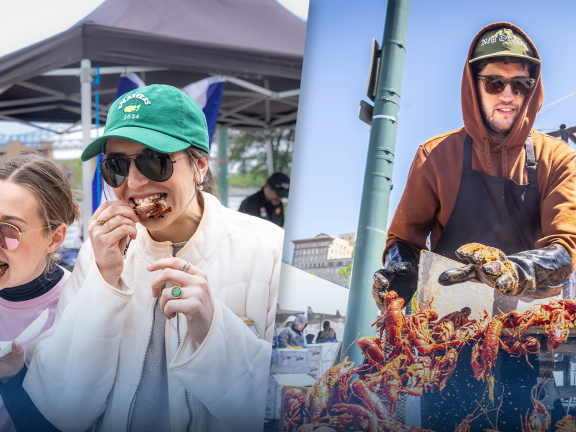 two images showing women eating wings and man working crawfish belt