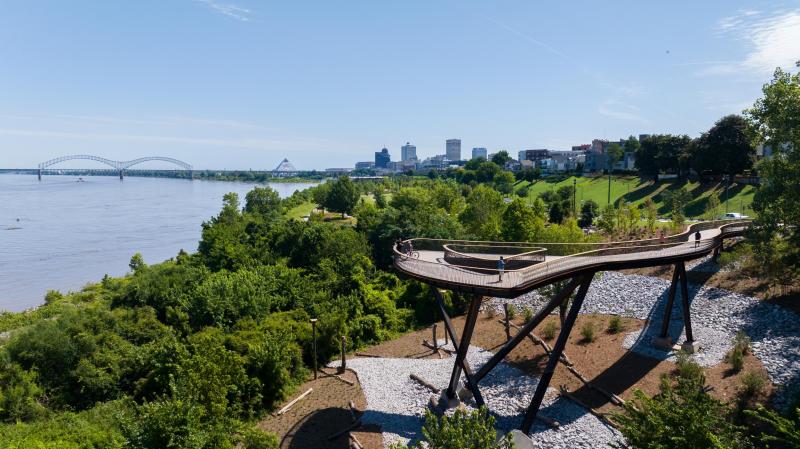 Memphis Flyway, a 220-foot elevated walkway over wetlands and tree canopies at Tom Lee Park