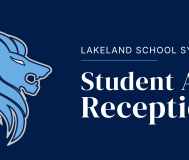 Graphic for the Lakeland School System Student Art Reception on September 23 at 6 PM, featuring the Lakeland lion logo on a navy background.