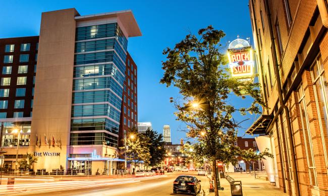 A side view of the Westin Hotel Beale Street across from the Memphis Rock 'n' Soul Museum.
