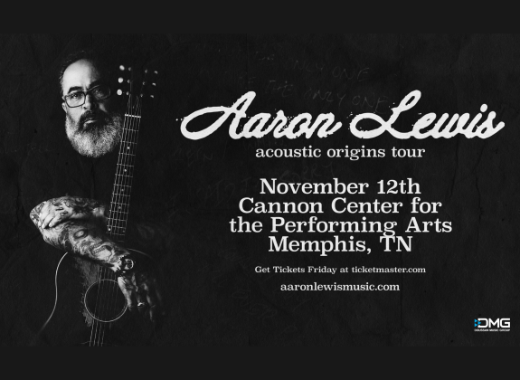 Aaron Lewis holding an acoustic guitar in the Acoustic Origins Tour announcement graphic for his November 12 performance at the Cannon Center for the Performing Arts